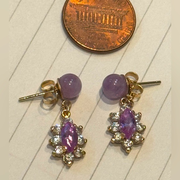 14k 6mm amethyst post earrings w/ faceted lavender stones & cz dangle - Picture 4 of 8